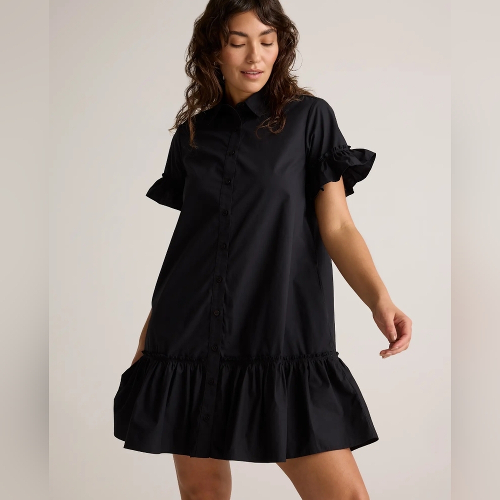 Quince Black Mini Shirt Dress with Ruffle Hem